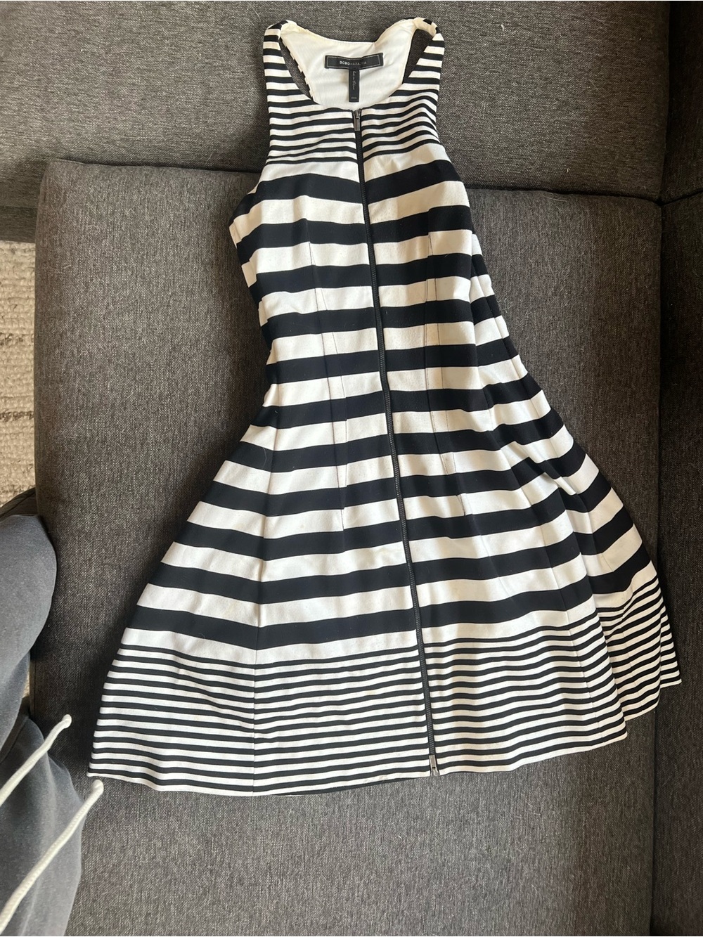 BCBGMaxAzria Black and White Striped Strapless Fit-and-Flare Dress